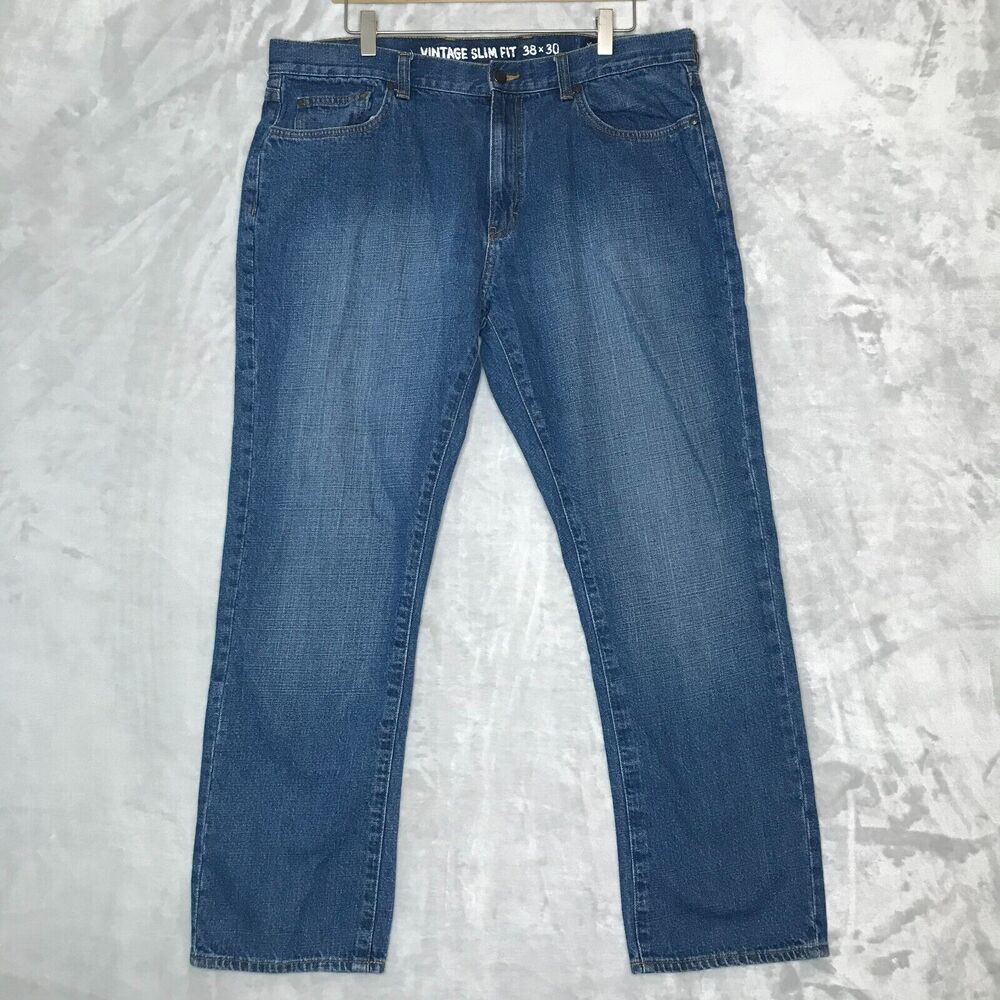 Chaps Denim Vintage Slim Fit Mens 38*30 Blue 100% Cotton Pockets Flat Front